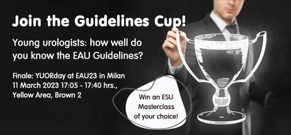 European Society of Residents in Urology (@esrurology) on Twitter photo Are you an expert on #EAU guidelines? 📚🤔
Join the Guidelines 🏆 Quiz to watch 3 finalists battle it out on stage, and even participate yourself for a chance to win an #ESU Masterclass! 🎓
Don't miss out on the fun! 😎 #EAU23 #GuidelinesCup <a href="/Uroweb/">European Association of Urology (EAU)</a> <a href="/UrowebESU/">European School of Urology (EAU ESU)</a> <a href="/eau_yuo/">EAU Young Urologists</a> Are you an expert on #EAU guidelines? 📚🤔
Join the Guidelines 🏆 Quiz to watch 3 finalists battle it out on stage, and even participate yourself for a chance to win an #ESU Masterclass! 🎓
Don't miss out on the fun! 😎 #EAU23 #GuidelinesCup <a href="/Uroweb/">European Association of Urology (EAU)</a> <a href="/UrowebESU/">European School of Urology (EAU ESU)</a> <a href="/eau_yuo/">EAU Young Urologists</a>