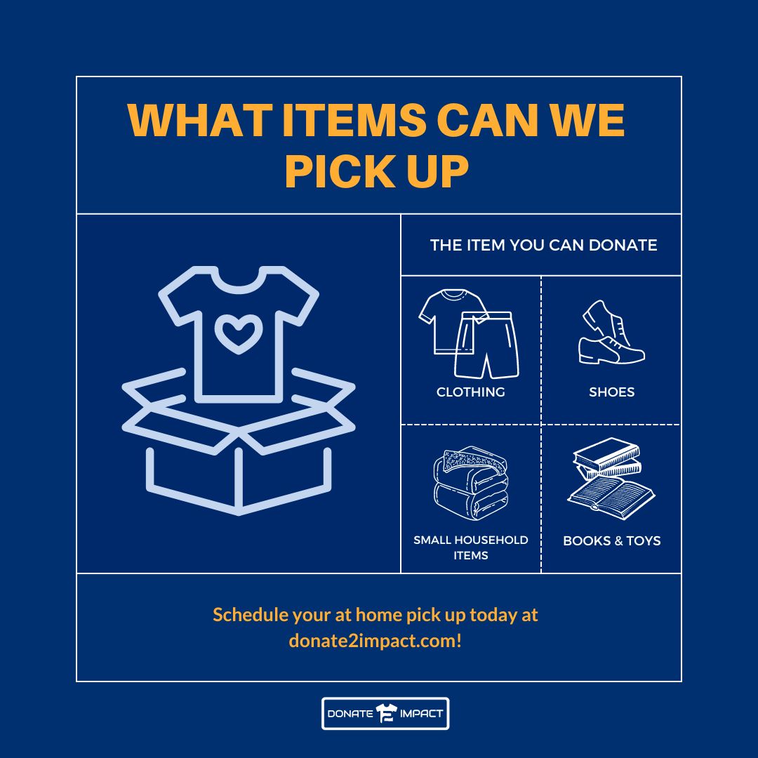 Wondering what items we can pick up from your front door?
We pick up clothes, shoes, toys, books and small household items!

for a full list of items we do an do not accept please visit our website at donate2impact.com!

 #donate2impact #Donation #donate #athomepickup