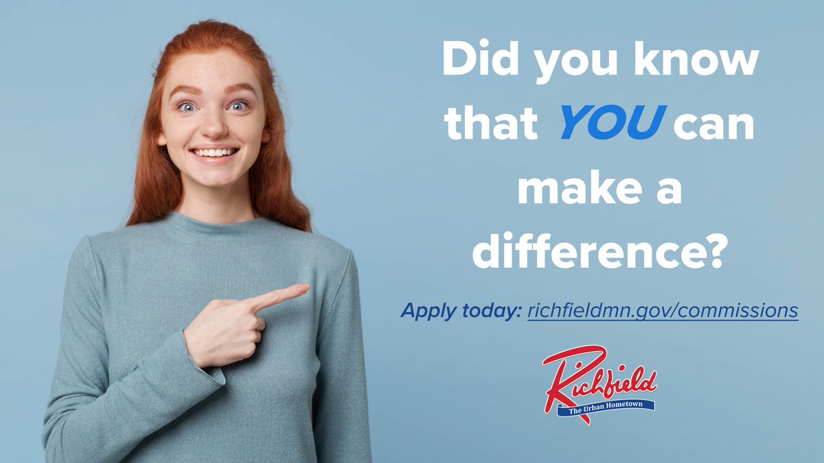YOU have the power to make a difference in Richfield. Apply today for one of several open spots on our boards and commissions!
Applications will be accepted through March 17.

Learn more richfieldmn.gov/commissions
 #richfieldmn #volunteersmakeadifference #boardsandcommissions