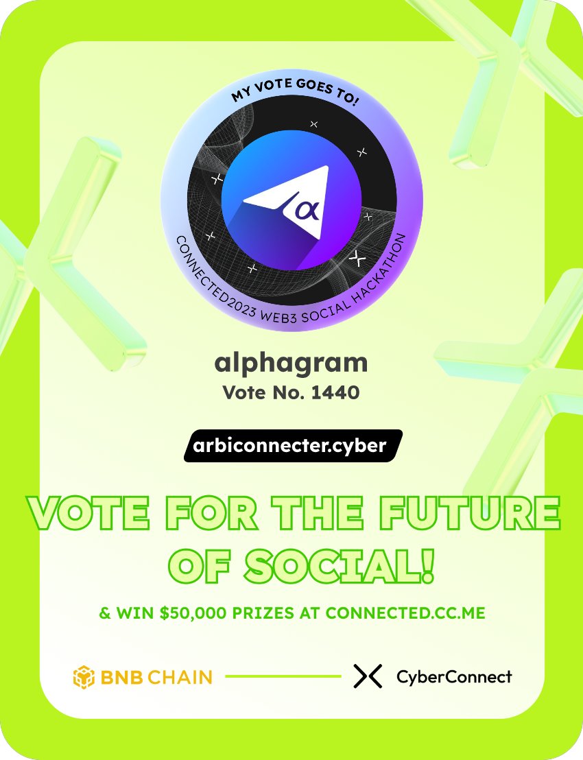 CryptoSara991's tweet photo. Just voted for my favorite project alphagram in #Connected2023, a Web3 Social hackathon by @CyberConnectHQ the social graph protocol &amp; @BNBCHAIN
Join me to vote for a better social and win $50,000-$100,000 prizes!
https://t.co/GHFV1ESPCl
sig:J6hPtF 
  https://t.co/t6HQwjNo7l https://t.co/879MjNlpgN