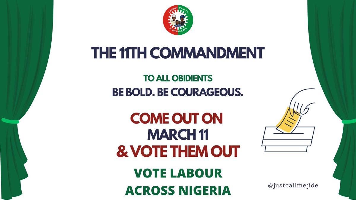 JustCallMeJide's tweet photo. @NgLabour @PeterObi @aburechambers @Kennedy4Aha @YunusaTanko @doyinokupe Dear Obidients,
Please encourage every Obidient you know to come out and finish what we started. Let's use every means, Social Media, Calls, Whatsapp, and even Visit any Obidient You Know. 
We have overcome this inhumanity, but it requires coming out on March 11 to vote them out. https://t.co/H64pQ9R6u5