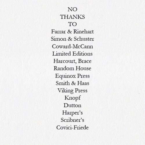 JohnMcCullough_'s tweet photo. Dedication page from e.e. cummings' poetry collection No Thanks (1935), with a list of the 14 publishers that rejected it, arranged in the shape of a funeral urn. #TalkToTheVase https://t.co/rm4zYHRiZP