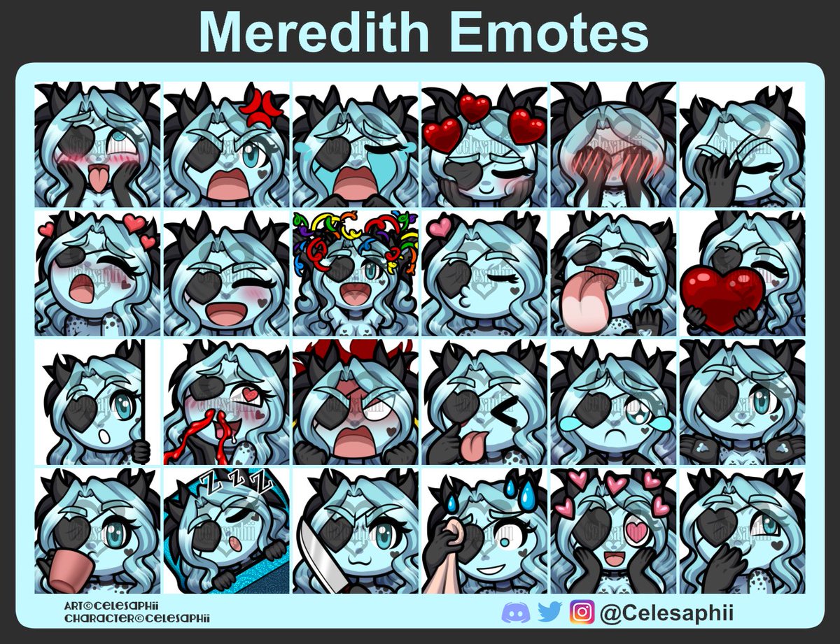I finally finished a set of emotes for myself! I have examples for all XD (until I decide to add more to the base emotes)

Want some of your own? Check out here: celesaphii.carrd.co/#emotes

#emotes #digitalart
