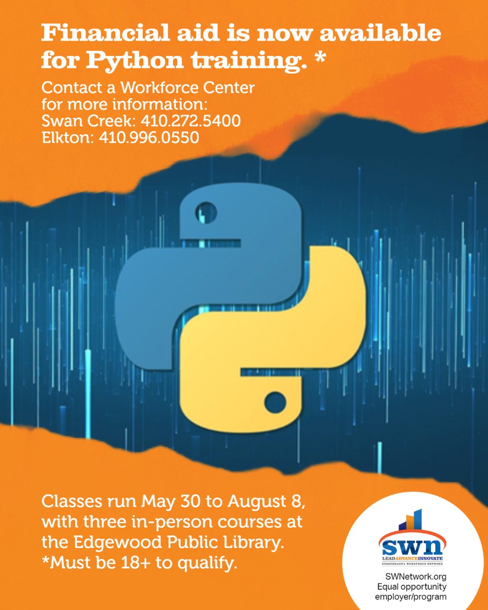 SWNJobsMD's tweet image. Know any #Python fans? If they're over 18, they may be able to get financial aid to learn it! Check out your local Workforce Center for info, and let us know if you take advantage of this great opportunity! #PythonLearners #HarfordCounty #CecilCounty #SWNTraining