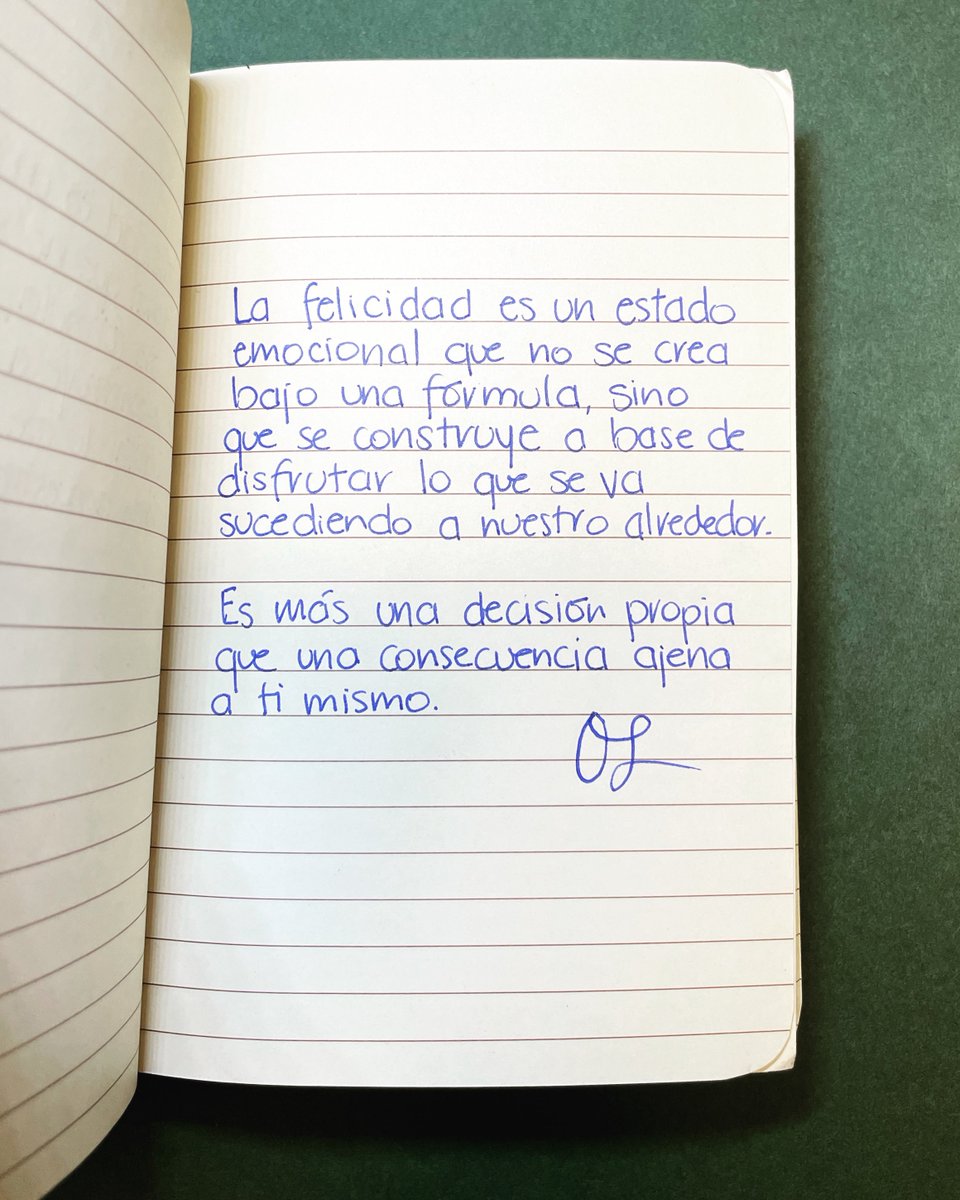 La felicidad es un estado emocional que no se crea bajo una fórmula, sino que se construye a base de disfrutar lo que se va sucediendo a nuestro alrededor.

Es más una decisión propia que una consecuencia ajena a ti mismo.

#MeGustaEscribir
#DePuñoYLetra
#Manuscrito

*con base en