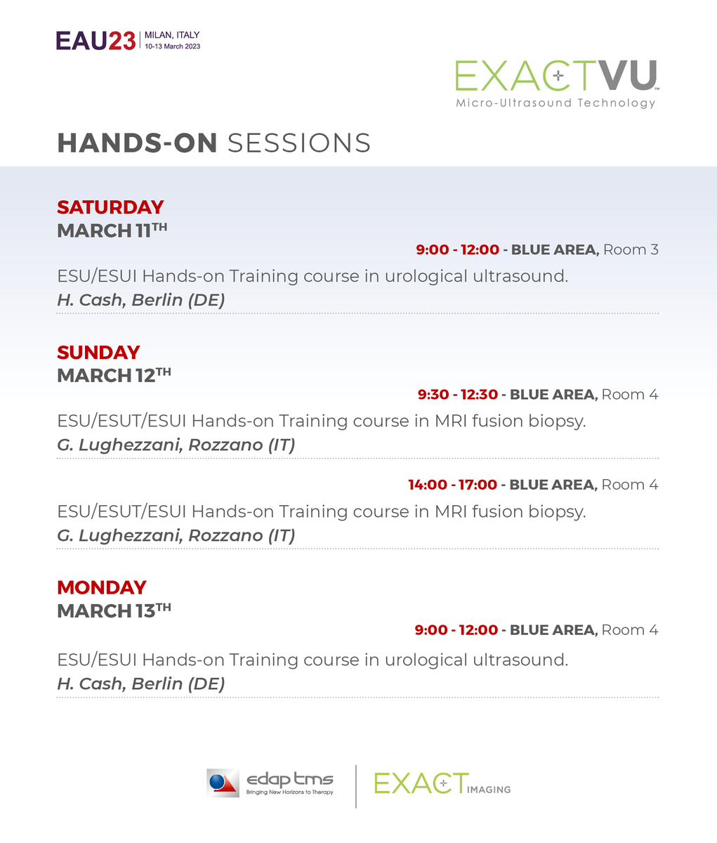 A great program is underway for #EAU23 in Milan. Don't miss out on the #ExactVu Hands-on sessions on MRI Fusion biopsy by @GLughezzani & Urological Ultrasound by @CashHannes