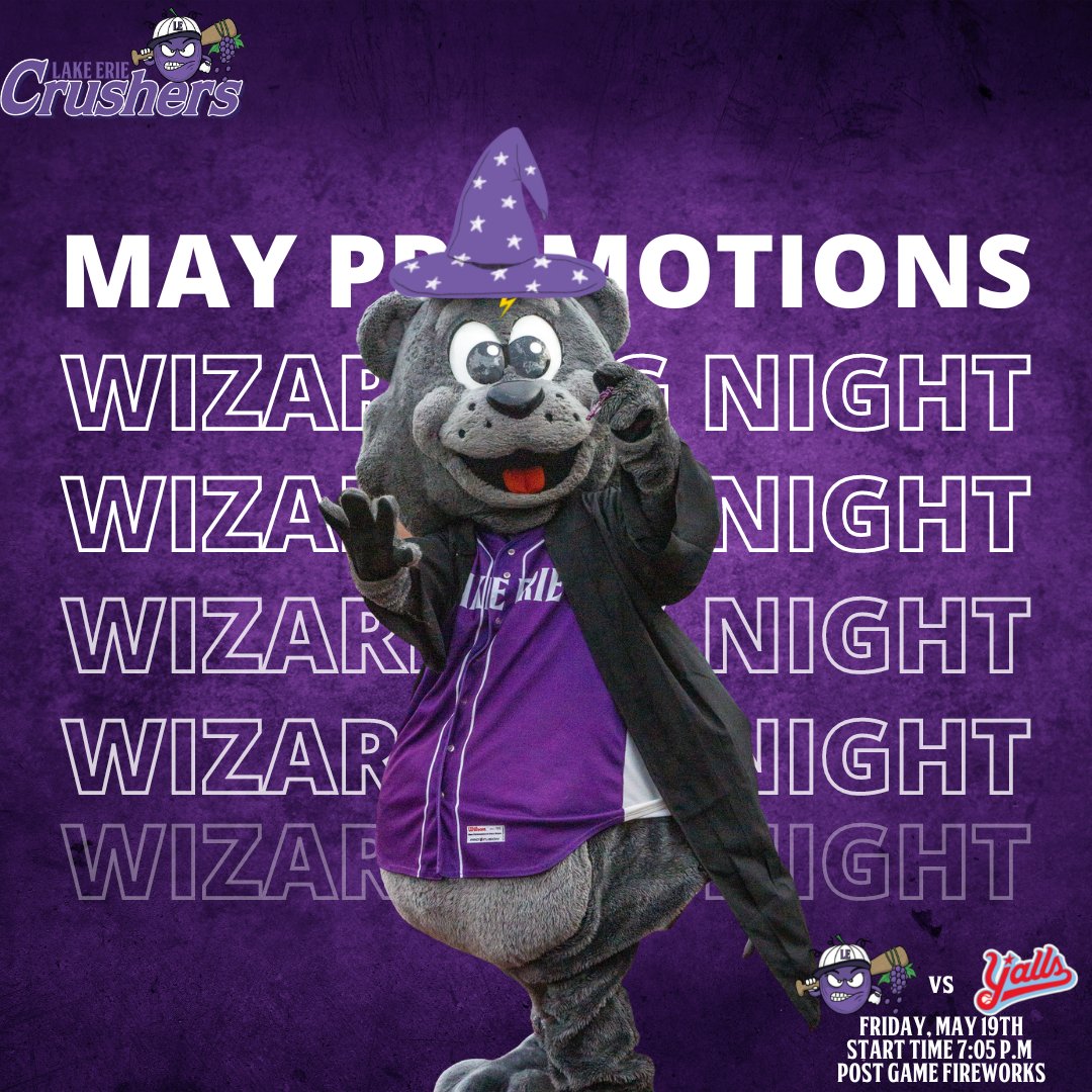 LECrushers's tweet photo. 🚨PROMO NIGHT ALERT🚨
The Crushers are transforming Mercy Health Stadium into a school of witchcraft and wizardry for Wizarding Night on Friday, May 19th 🧙♂️⚡🧙♀️
Stay tuned as we release dates from our promotion schedule for the 2023 season!
#LakeErieCrushers #15YearsofFun https://t.co/vsVwNmcO5g