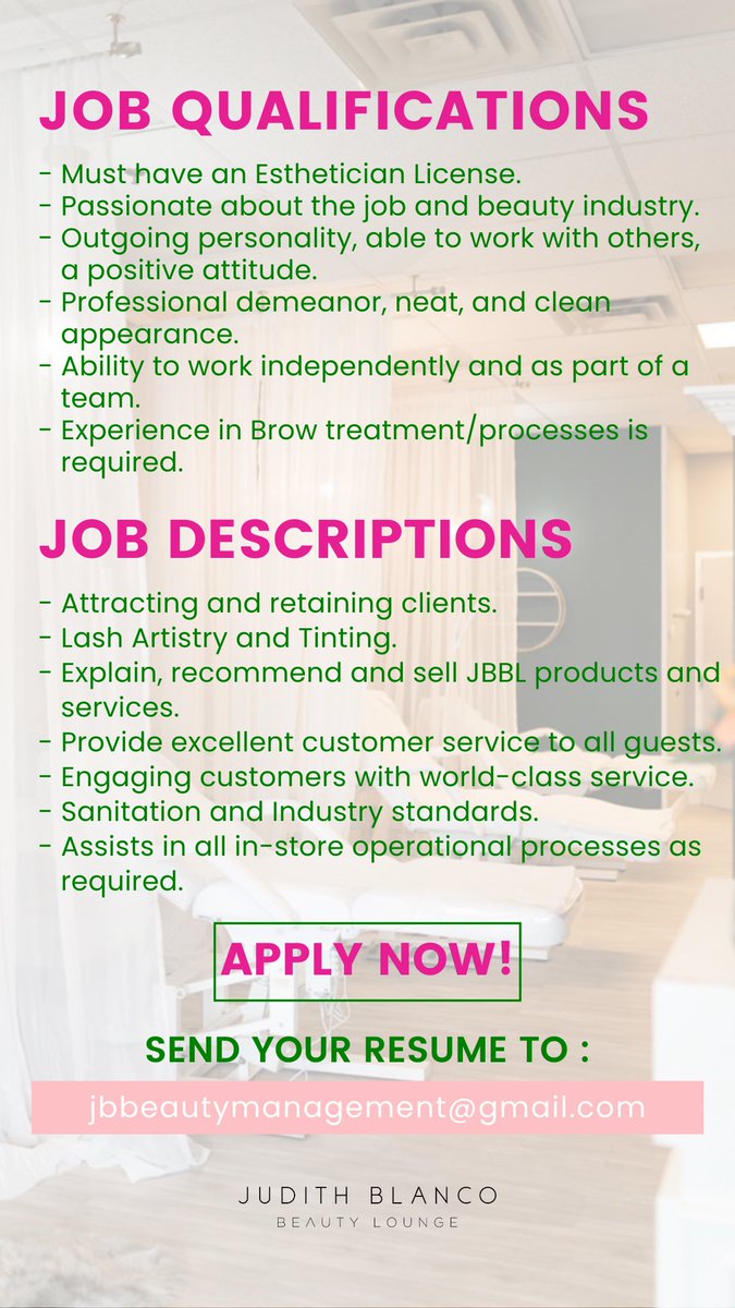 We are looking for Part-Time Brow Artist to add our ever growing team. 

Send your resume at jbbeautymanagement@gmail.com 

#dmvjobsearch #beautyjobs #estheticianschool #dclashes #dclashtech #dcbeautyjobs #dmvestheticianstudent #bowiejobs #pgcountylashtech #jobopening