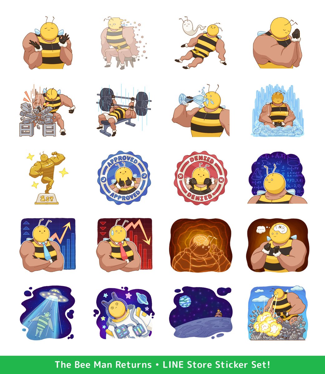 eggloaf's tweet photo. The Bee Man Returns! After many long years, I've finally made a new LINE sticker set of my beautiful buff bee son  💪🐝 Link to the LINE sticker store in the reply 🙏 https://t.co/PGdqinCqwt