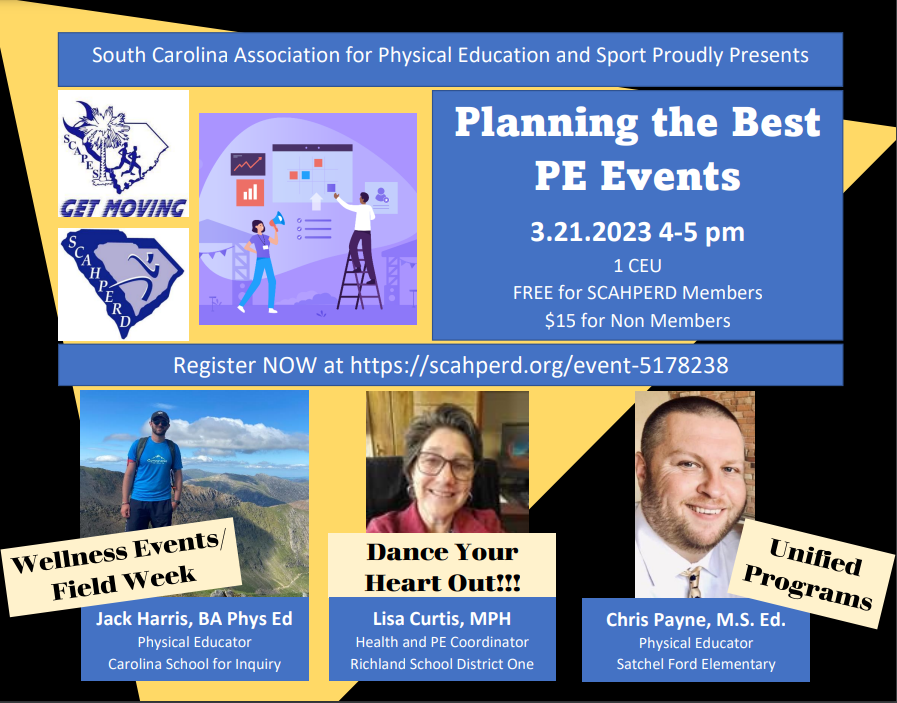 SCAHPERD_SCAPES's tweet photo. Join us TWO WEEKS from today for our March Webinar: Planning the Best PE Events! Hear from SC physical education professionals on how to plan and execute OUTSTANDING events!  Register at https://t.co/Ir4kLwzVAE https://t.co/qnuxGlmUKl