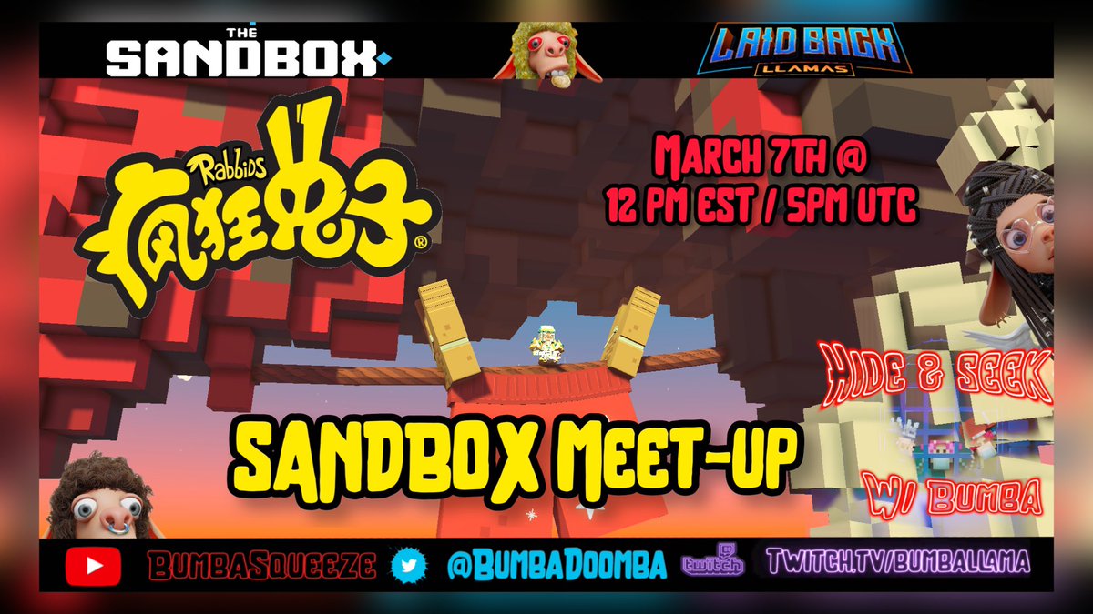 BumbaDoomba's tweet photo. 🌐🐰Sandbox Meet-up🐰🌐
One of the best @TheSandboxGame maps currently available for some #SandFun is @RabbidsOfficial
We jump in again today at 12pm est (in about 10+ min)
First time guest earn bonus GRA$$
Win rounds to earn raffle ticket 🎟 👀
See you soon!
#SandFam https://t.co/MbF4CpJYTy