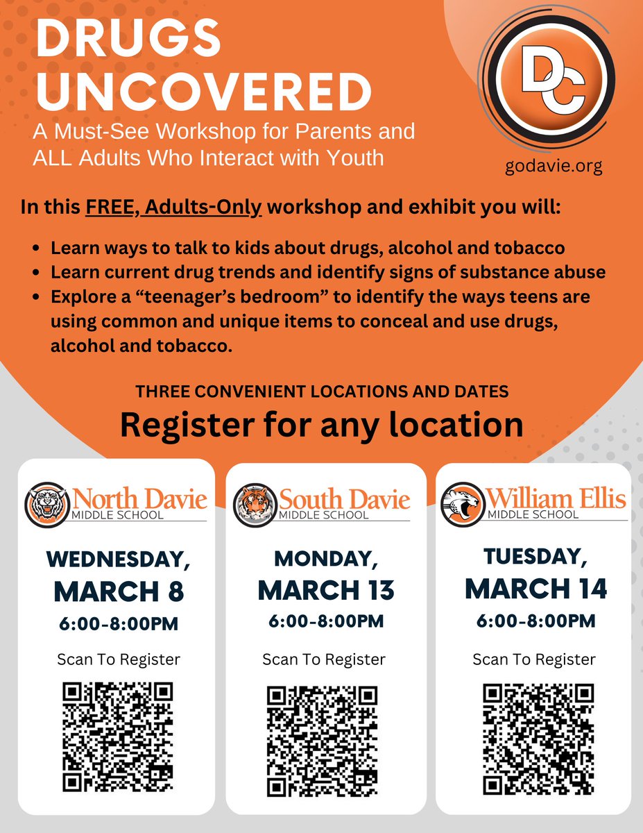 DavieCountySch's tweet photo. “Drugs Uncovered: What Parents Need To Know" dates below. Explore a 'kid's bedroom' to see typical ‘hiding’ spots. Register on any date below. 
North Davie - 3/8 - https://t.co/F9O7DAhjZZ
South Davie - 3/13 - https://t.co/Lt2f6fJhZU
Ellis - 3/14 - https://t.co/IlkAXOxAQv https://t.co/Zx5wgd3Kwq