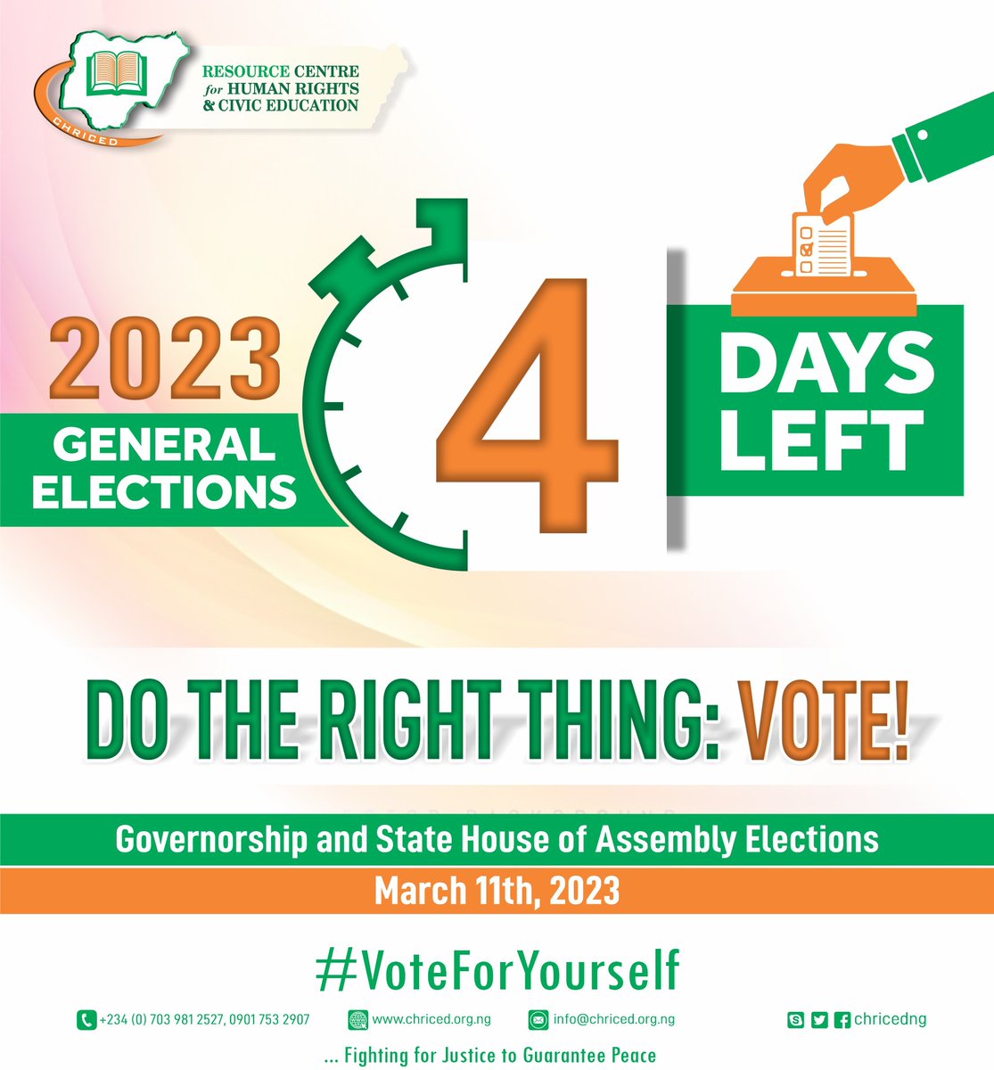 chricedng's tweet photo. 4 days to #NigeriaDecides2023!
Ensure you exercise your right to vote. In this way, you will be able to participate in shaping our society and determine our collective future through a more representative government.
#UseYourPVC #VoteWisely
#VoteRight #NigerianElections2023 https://t.co/eZHm9pqcxZ