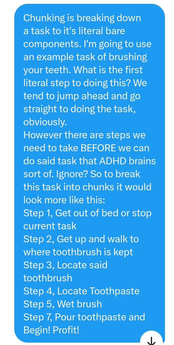 feather_ladere's tweet image. As a rare ADHD haver who&apos;s gotten therapy for it, I realize I am in a unique position to offer a bit of extremely useful advice I&apos;ve been given! I&apos;d like to help teach Chunking to as many ADHD havers as possible in the simplistic terms I can! #adhdhelp #adhd #adhdadults