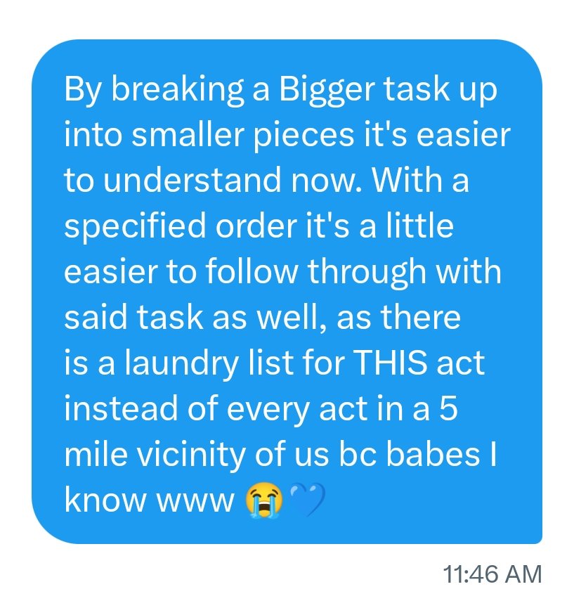 feather_ladere's tweet image. As a rare ADHD haver who&apos;s gotten therapy for it, I realize I am in a unique position to offer a bit of extremely useful advice I&apos;ve been given! I&apos;d like to help teach Chunking to as many ADHD havers as possible in the simplistic terms I can! #adhdhelp #adhd #adhdadults