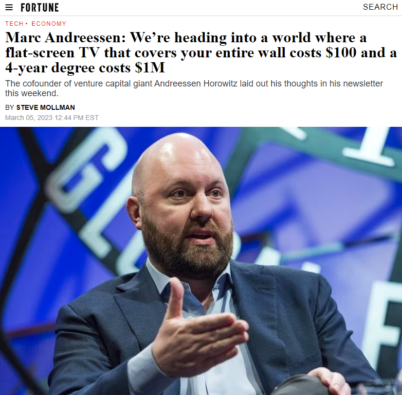 jwb713's tweet photo. Sure, innovate within the education sector. But the world's 1 trillionth flat screen TV is worth about 1,000x less than any given individual's college education, isn't it? https://t.co/3EUzl0cIM6