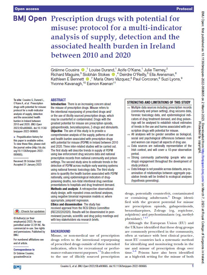 New protocol from a multi-institution team led by @CousinsGrainne published in @BMJ_Open, investigating prescription drugs with potential for misuse. 

These 3 interrelated national studies will provide a comprehensive analysis from a decade of data.

bmjopen.bmj.com/content/13/3/e…