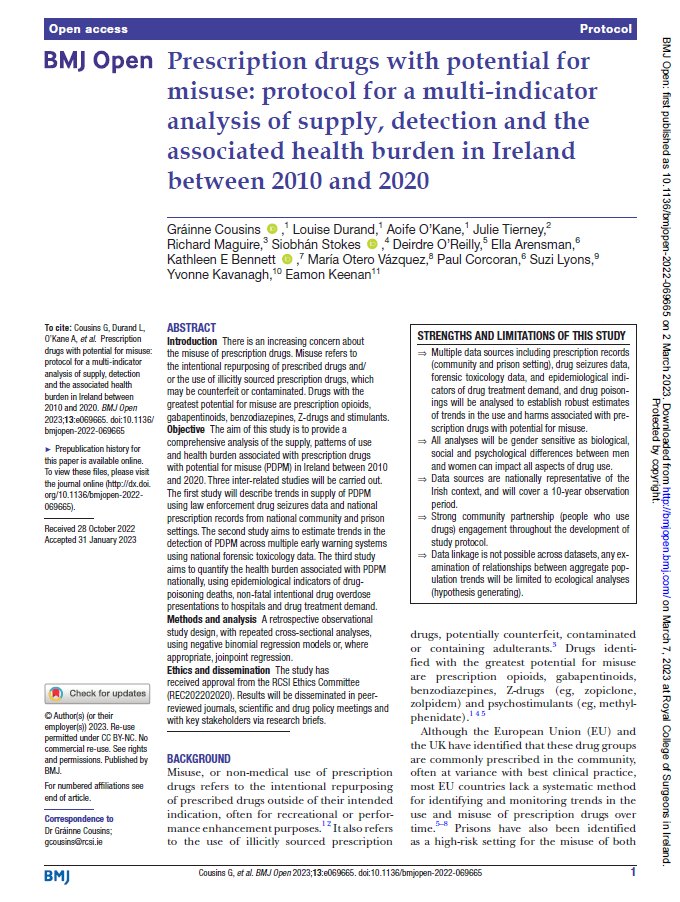 New protocol from a multi-institution team led by @CousinsGrainne published in @BMJ_Open, investigating prescription drugs with potential for misuse. These 3 interrelated national studies will provide a comprehensive analysis from a decade of data. bmjopen.bmj.com/content/13/3/e…