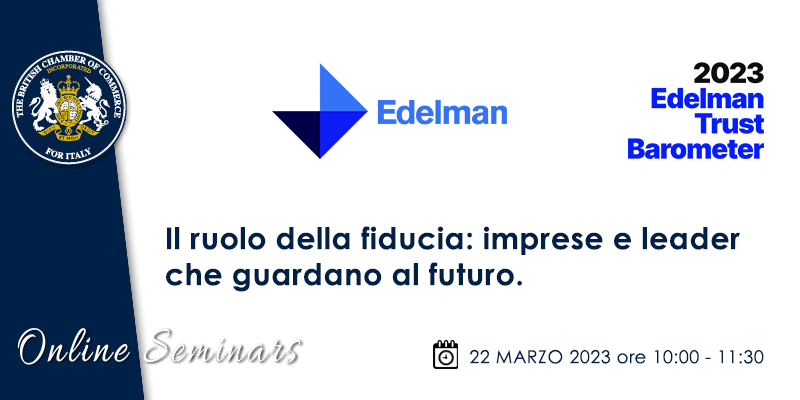 For the 3rd year running we are delighted to partner w/ <a href="/EdelmanItalia/">Edelman Italia</a> to host a presentation of their annual Edelman #TrustBarometer
📅 22 March 2023 10:00 | Zoom
🎙️ Fiorella Passoni - CEO, Edelman Italia
🎙️ Steven Sprague - BCCI President
> britishchamber.it/events/edelman…
<a href="/EdelmanPR/">Edelman</a>