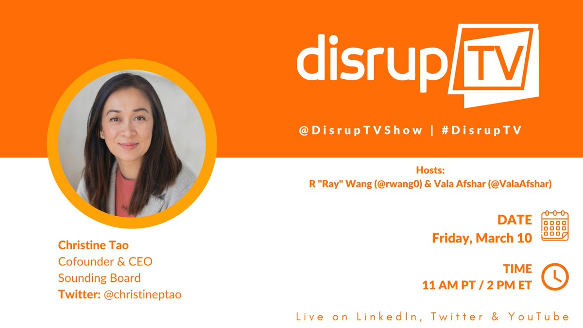 Constellation Research (@constellationr) on Twitter photo On Friday <a href="/DisrupTVShow/">DisrupTV</a> interviews <a href="/christineptao/">Christine Tao</a>, Cofounder & CEO <a href="/gosoundingboard/">Sounding Board, Inc</a>. Tune in at 11 AM PT/2 PM ET! bit.ly/3L2KFwC <a href="/ValaAfshar/">Vala Afshar</a> <a href="/rwang0/">R “Ray” Wang 王瑞光 #Cupertino #AI #Energy R.NFT</a> #DisrupTV On Friday <a href="/DisrupTVShow/">DisrupTV</a> interviews <a href="/christineptao/">Christine Tao</a>, Cofounder & CEO <a href="/gosoundingboard/">Sounding Board, Inc</a>. Tune in at 11 AM PT/2 PM ET! bit.ly/3L2KFwC <a href="/ValaAfshar/">Vala Afshar</a> <a href="/rwang0/">R “Ray” Wang 王瑞光 #Cupertino #AI #Energy R.NFT</a> #DisrupTV