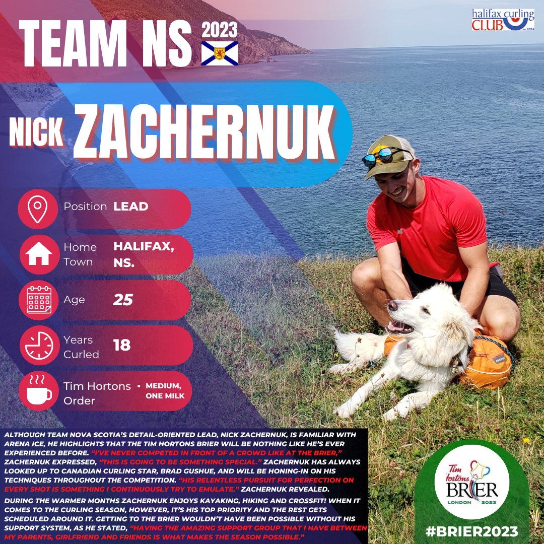 NSCurl's tweet image. Meet Team Nova Scotia’s lead, Nick Zachernuk! 🤩💯⛰️

P.S. - Who else is watching their 10am match right now?? 

#brier2023 #playerprofile