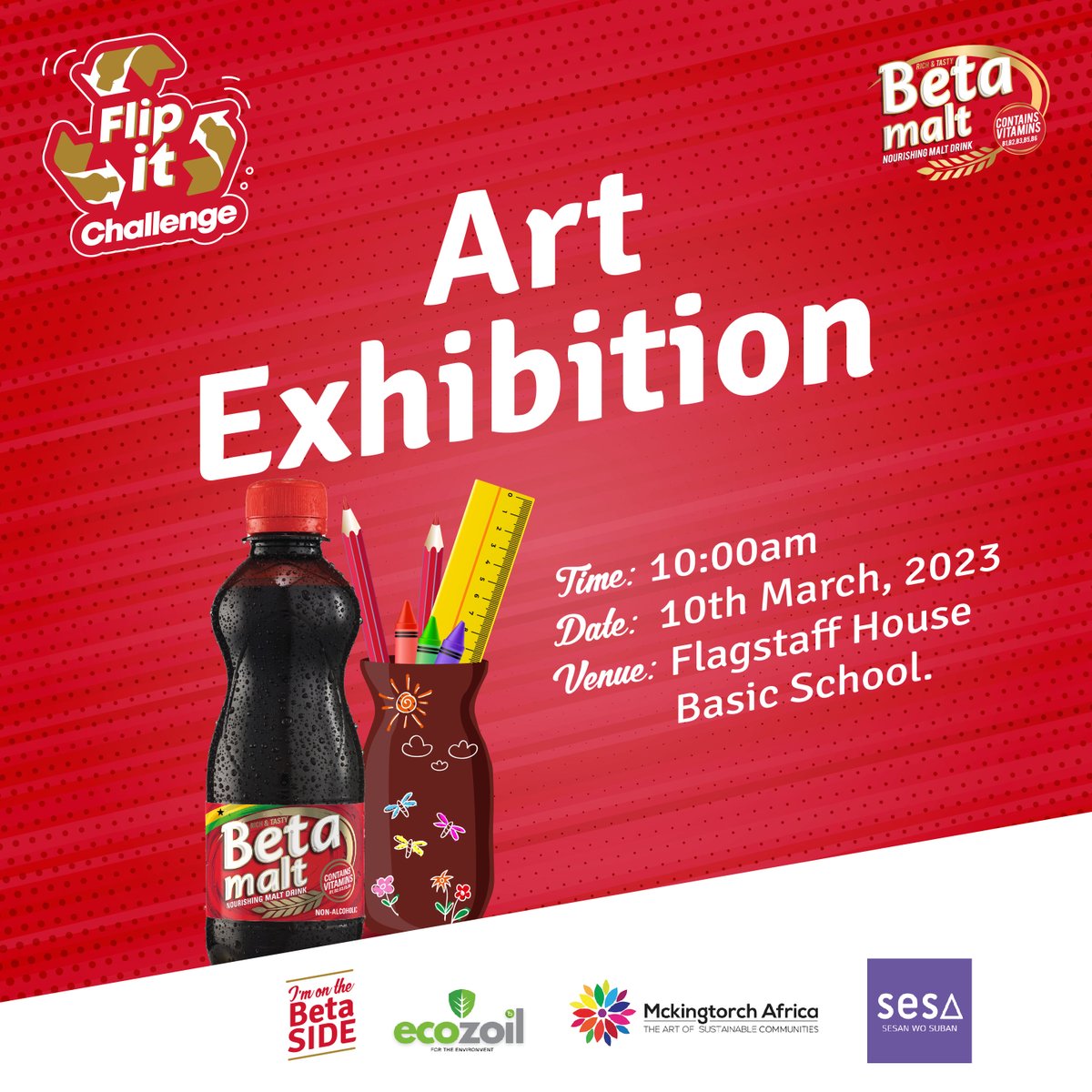 BetaMaltGhana's tweet photo. The much anticipated Flip It Art Exhibition has been rescheduled for the 10th of March. Save the new date!
#BetaMalt #FlipItChallenge https://t.co/eEQQyKLbZQ