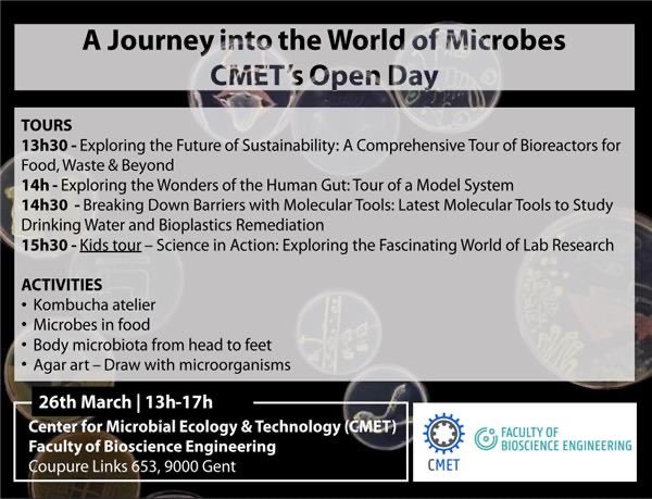 Come visit us during the Alumni Open Day of the <a href="/ugent/">UGent</a> <a href="/FbwUGent/">Faculty of Bioscience Engineering UGent</a> on 26th of March, showing you the wonderful world of microbes 🦠 with lab tours and great activities 🔬🥼🧬⚗️🧪🧫👩🏽‍🔬🧑🏻‍🔬👨🏾‍🔬#openday #microbialecology
