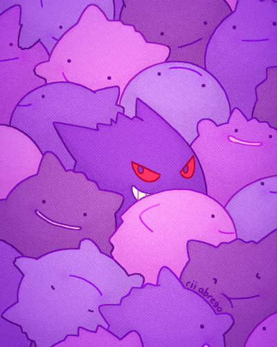 gengar pokemon (creature) no humans smile red eyes purple theme grin signature  illustration images