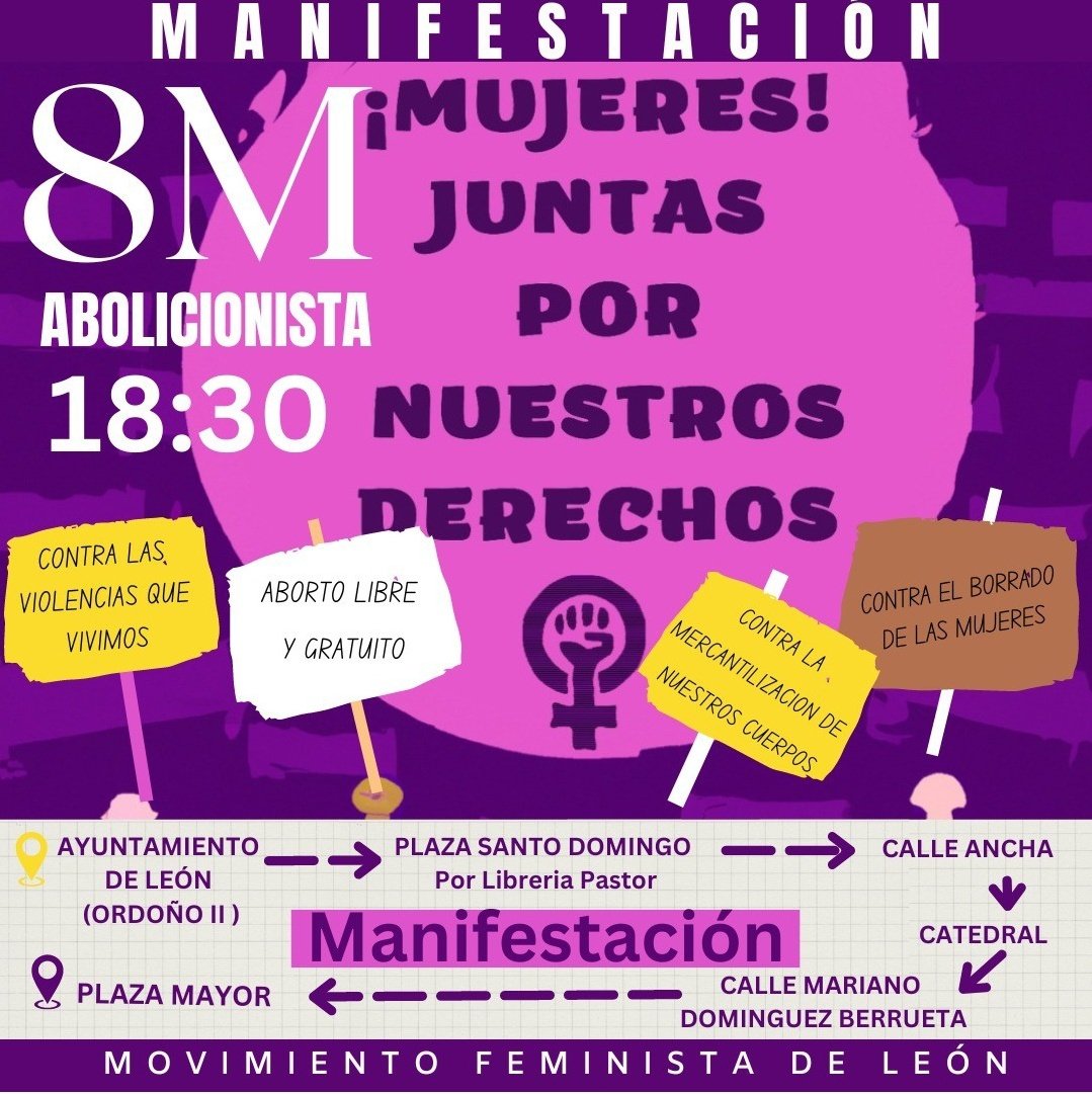 AbolicionLeon's tweet photo. @LeonAyto Corregimos: "Con motivo de una de las manifestaciones (...)". 
La manifestación feminista sale de la puerta del Ayuntamiento de Ordoño II a las 18:30h. https://t.co/YbLx6oKi54