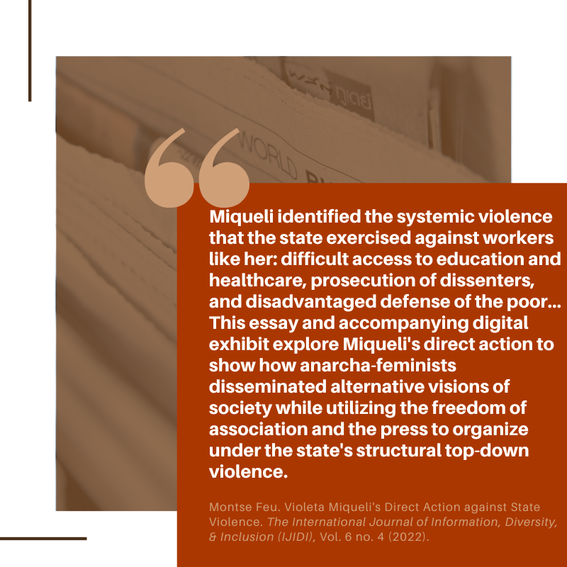 Feu's research article "#VioletaMiqueli's Direct Action against State Violence" discusses #AnarchaFeminism #USLatina #USPeriodicals #DirectAction #StateViolence in vol 6 no 4 doi.org/10.33137/ijidi…