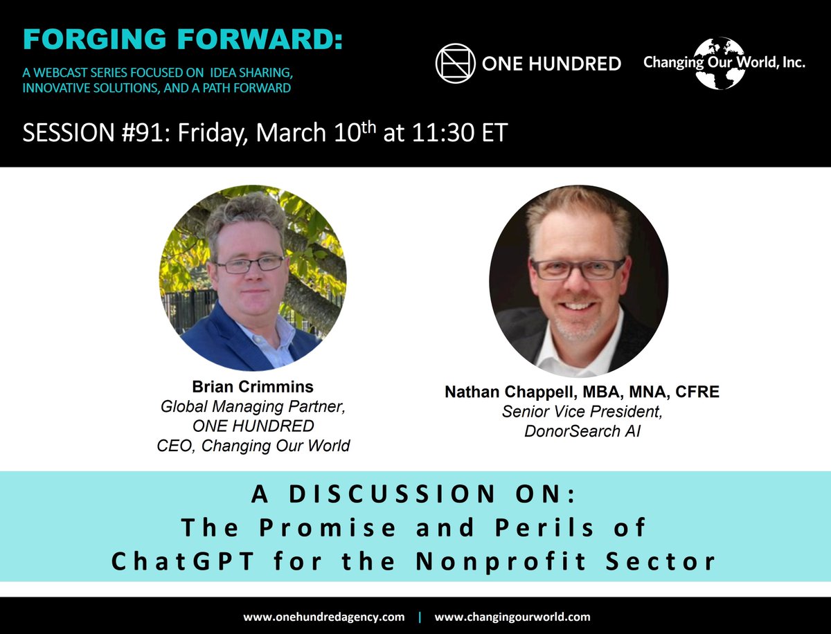 Join <a href="/briancrimmins9/">Brian Crimmins</a> &amp; @nathanchap this Friday for a discussion on 'The Promise and Perils of ChatGPT for the Nonprofit Sector.' Claim your spot today at: bit.ly/FFCWOH2023
#FORGINGFORWARD #philanthropy #chatgpt