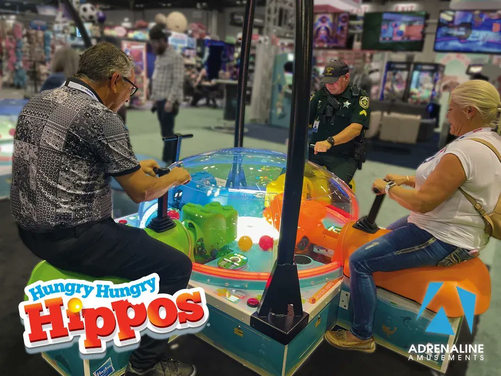 Young and old alike love playing Hungry Hungry Hippos! Even the police officers! buff.ly/3EWXDWW 🦛🦛🦛 #adrenalineamusements #hungryhungryhippos