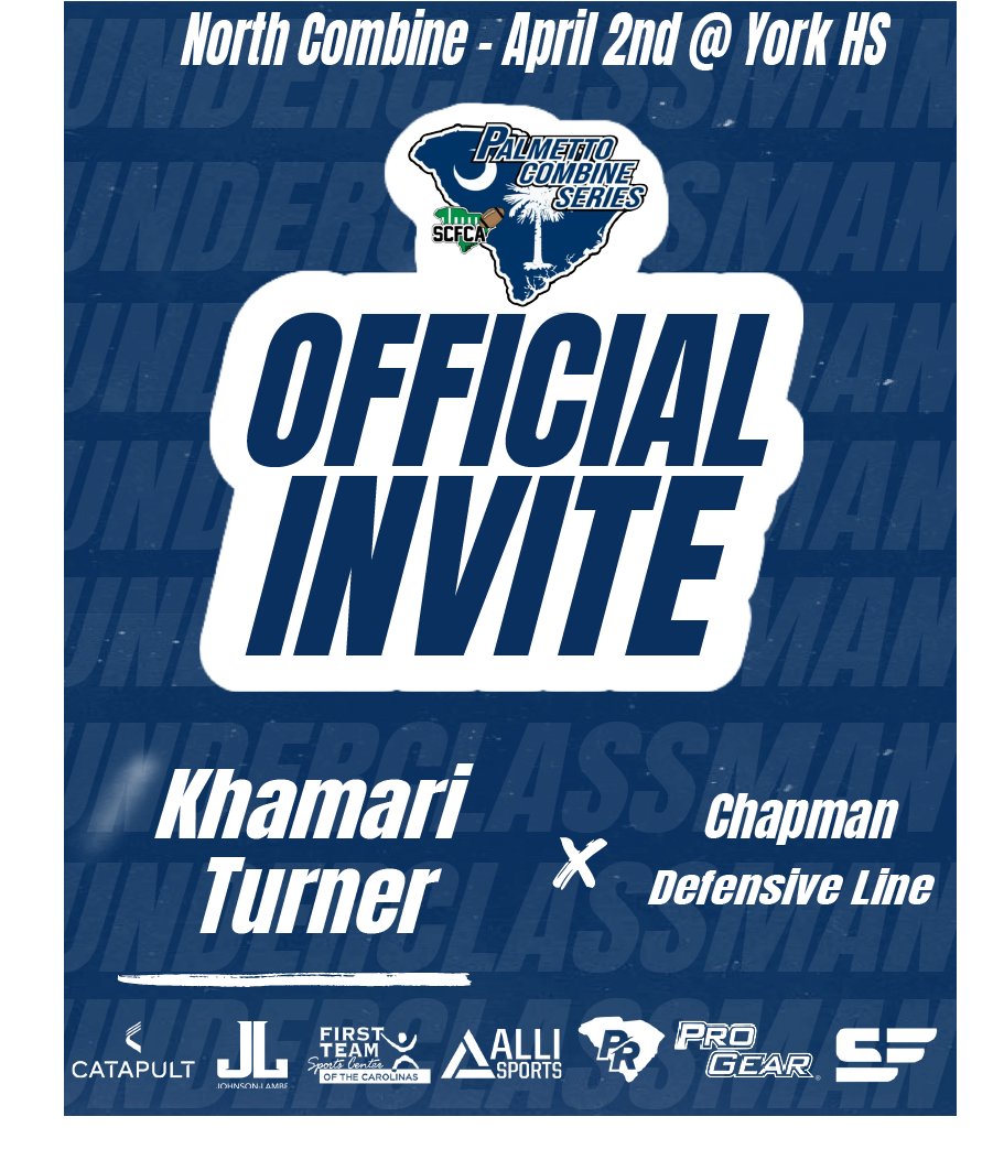 Carolinas Coaches Combine (@coachescombines) on Twitter photo Congratulations on being selected to the Underclassman Palmetto Combine Series! See you in York on April 2nd at 2:00pm
#Palmetto23 #Emailtofollow #SouthCombine <a href="/Cothranbryson/">Bryson Cothran</a> <a href="/chandlercartee4/">Chandler Cartee</a> <a href="/CoachCab17/">Harry Cabaniss</a> <a href="/CHSPanthersFB/">Chapman Panthers Football</a>
Pre-Register:
zfrmz.com/rShWE4wcaPYaGb… Congratulations on being selected to the Underclassman Palmetto Combine Series! See you in York on April 2nd at 2:00pm
#Palmetto23 #Emailtofollow #SouthCombine <a href="/Cothranbryson/">Bryson Cothran</a> <a href="/chandlercartee4/">Chandler Cartee</a> <a href="/CoachCab17/">Harry Cabaniss</a> <a href="/CHSPanthersFB/">Chapman Panthers Football</a>
Pre-Register:
zfrmz.com/rShWE4wcaPYaGb…