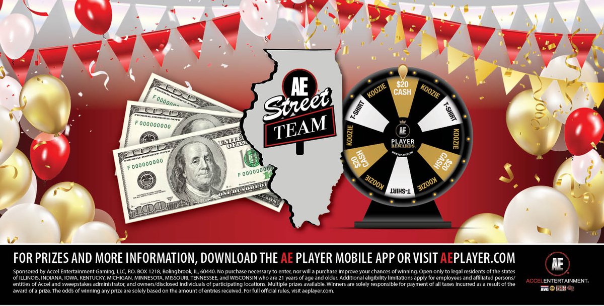 AccelEntertain's tweet photo. Have you heard about the AE Street Team? They are hosting events to reward our players with prizes from our fun prize wheel! Visit our online calendar to see where they are visiting next! #AEStreetTeam #accelentertainment https://t.co/dAOKn0pBID https://t.co/XBxZQlBRJi