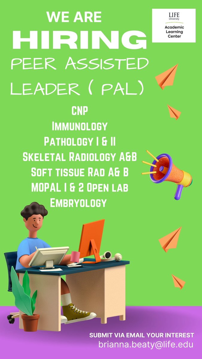 Do you want to become a PAL! We are hiring!! 
check out the flyer below and submit your interest!

#lifeuniversity#pathology#skeletalradiology#softissue#mopal#studenttutoring#chiropractor#chiro#