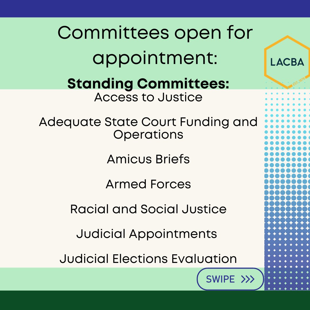 LACBA's tweet photo. ⏩️ There are so many great LACBA committees accepting applications!!⚖️🤝

🔹For more information on committees and to apply, visit: https://t.co/V1bAcWCovL

#lacba #californialaw #LAattorney #locallawyer #lacounty https://t.co/nadYtbpHyY