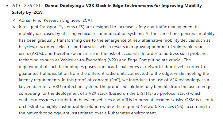 i2CAT's tweet photo. 🗣️Tomorrow, Adrián Pino from #SoftwareNetworks participates in @OpenSourceMANO #OSMecosystemDay presenting i2CAT's #V2X solution applied to NFV & Edge. He will also present @Pledgerproject's use case, which applies the V2X Stack to improve mobility safety🔗https://t.co/VPISdjcQt6 https://t.co/fLdQsnO4TB