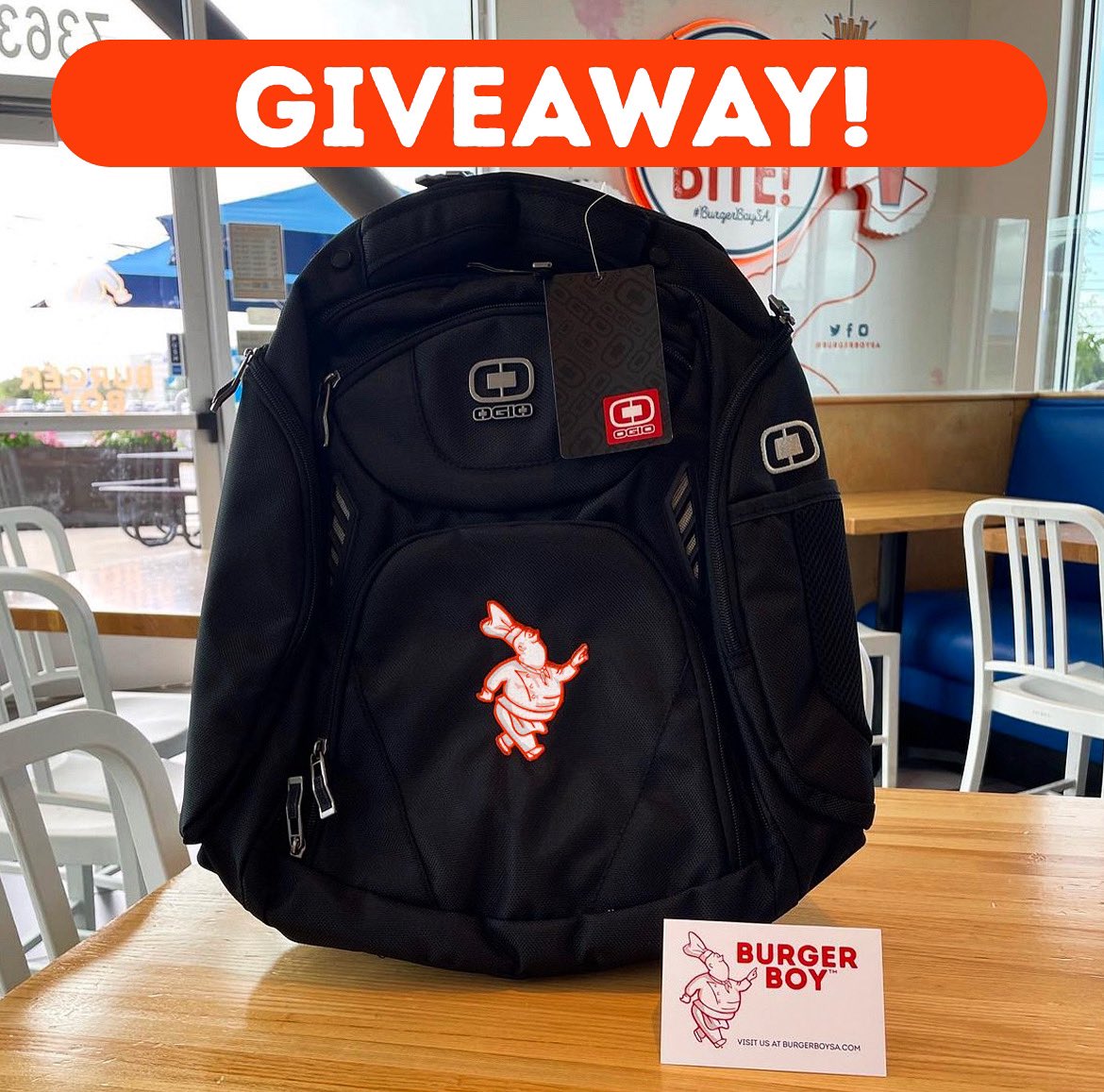 🚨HUGE GIVEAWAY!!🚨We are giving away SIX - Burger Boy Backpacks and a $25 Gift Card to 6 winners! (2 on Instagram, 2 on Facebook and 2 on Twitter) with UNLIMITED TAGS!

Here's how to enter:
1️⃣ Retweet this post 🙌
2️⃣ Follow @burgerboysa