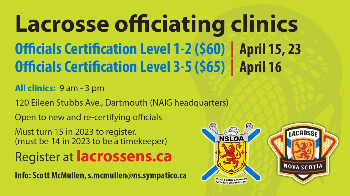 Paid officials lead our game with expertise, care and on-floor mentorship during all the action. We're here to help with the annual re-cert and new officials' training. Join the NS Lacrosse Officials Association's team! Info and registration here: lacrossens.ca/news.php?news_…