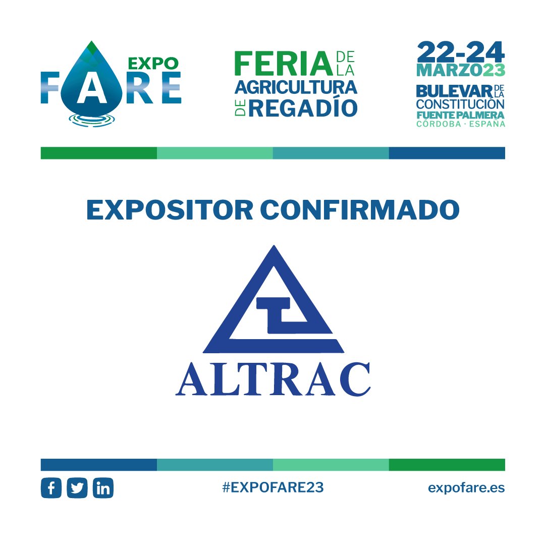 expofare's tweet photo. 💼 NUEVO EXPOSITOR EN #EXPOFARE23
#ALTRAC estará presente en la VII Edición de #ExpoFare: #Feria de la #Agricultura de #Regadío del Valle del #Guadalquivir que se celebrará del 22 al 24 de marzo en Fuente Palmera, #Córdoba.
🔗 https://t.co/VpGPENiNTH https://t.co/yY0DUtbZmc