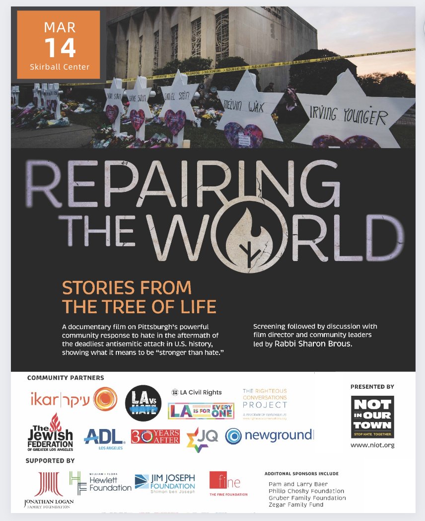 Not In Our Town (@notinourtown) on Twitter photo 📢 Los Angeles! Join us for a screening of Repairing The World: Stories From The Tree of Life on March 14 at @Skirball_LA at 7 PM PT. The film will be followed by discussion with director <a href="/patiodeoak/">patrice oneill</a> + community leaders led by Rabbi <a href="/SharonBrous/">Rabbi Sharon Brous</a>. Join us! repairingtheworldfilm.org/screenings 📢 Los Angeles! Join us for a screening of Repairing The World: Stories From The Tree of Life on March 14 at @Skirball_LA at 7 PM PT. The film will be followed by discussion with director <a href="/patiodeoak/">patrice oneill</a> + community leaders led by Rabbi <a href="/SharonBrous/">Rabbi Sharon Brous</a>. Join us! repairingtheworldfilm.org/screenings