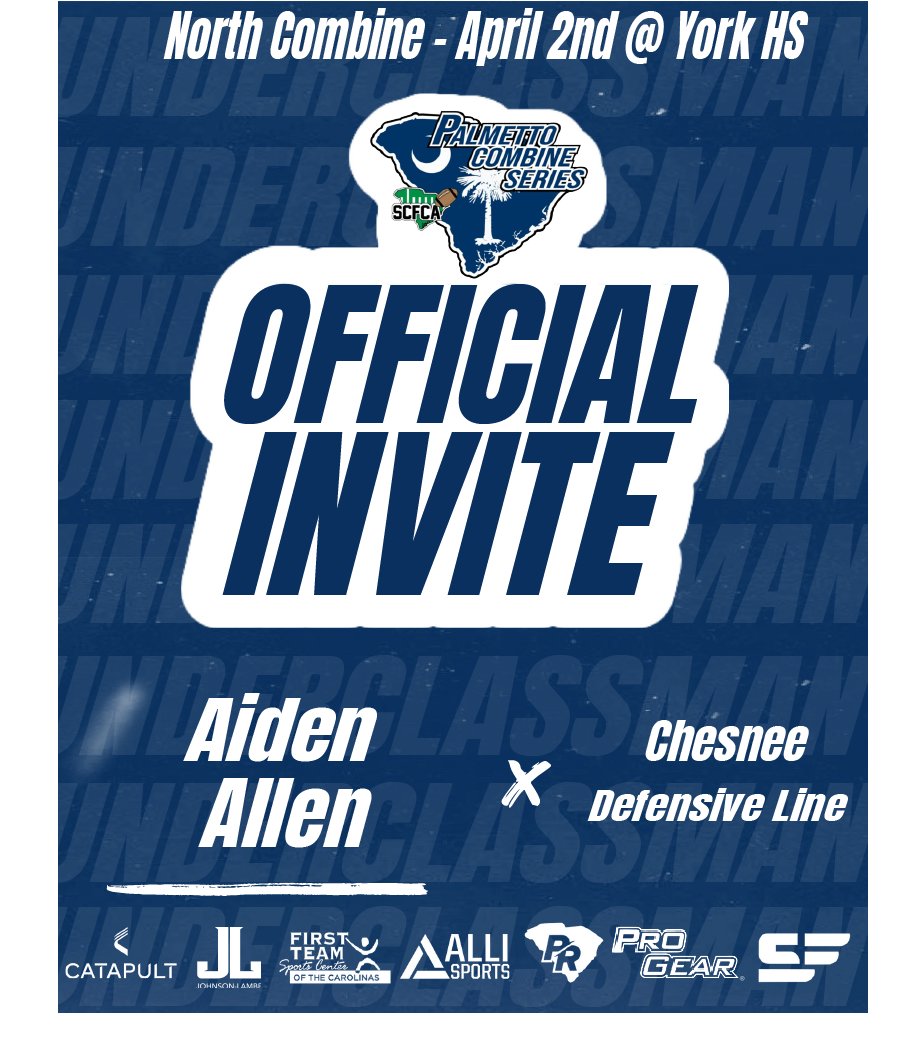 CoachesCombines's tweet photo. Congratulations on being selected to the Underclassman Palmetto Combine Series! See you in York on April 2nd at 2:00pm

#Palmetto23 #Emailtofollow #SouthCombine @ChesneeFootball @coach_cllewis @AidenAllen72 @hayden_webb2 @JaydenW34931972 

Pre-Register:
https://t.co/qggdkPKeZY https://t.co/fos4BAPe5d
