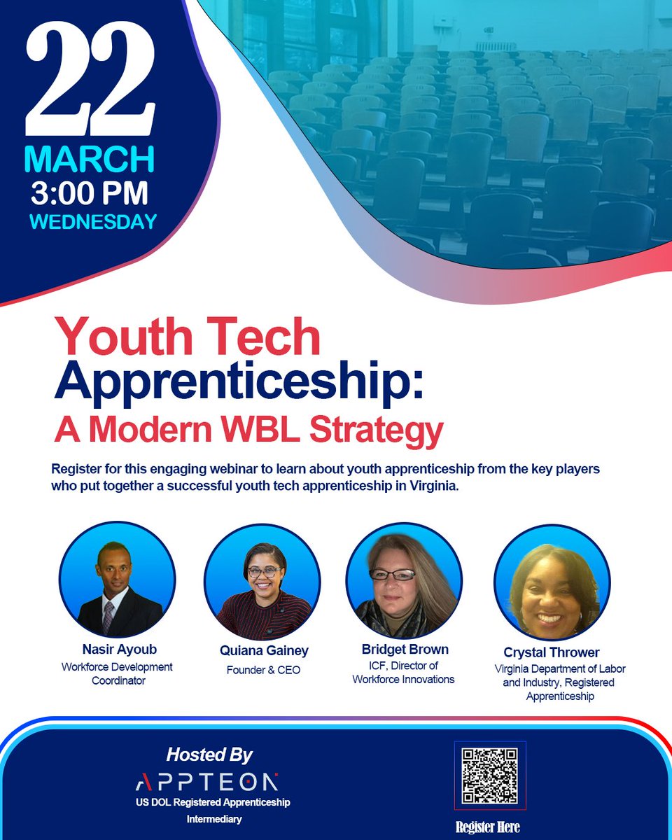 Join us on March 22, 2023 for a webinar on Youth Apprenticeship at 3:00 EST to learn more about this high quality work-based learning method! Register here eventbrite.com/e/youth-tech-a…