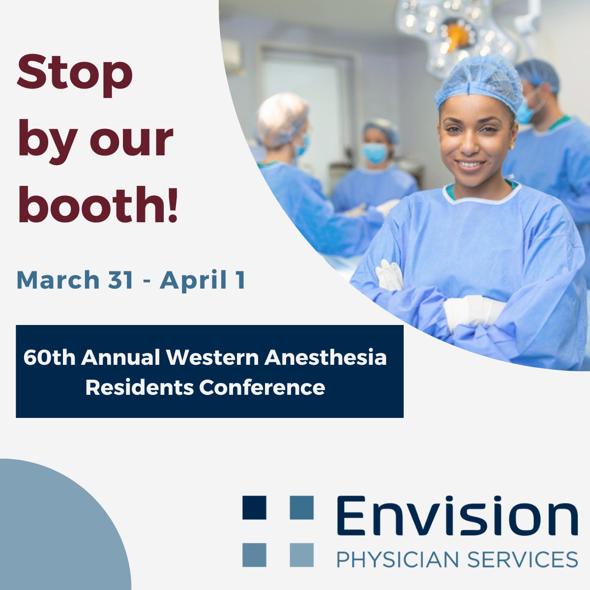 Envision_Cares's tweet photo. Going to the 60th Annual Western Anesthesia Residents Conference? We are too. Visit our booth Mar. 31-Apr. 1 to talk with our experienced recruiters, OR explore our current #anesthesiology opportunities now: https://t.co/gcmJ3Jcoyv https://t.co/483CCMcHwv