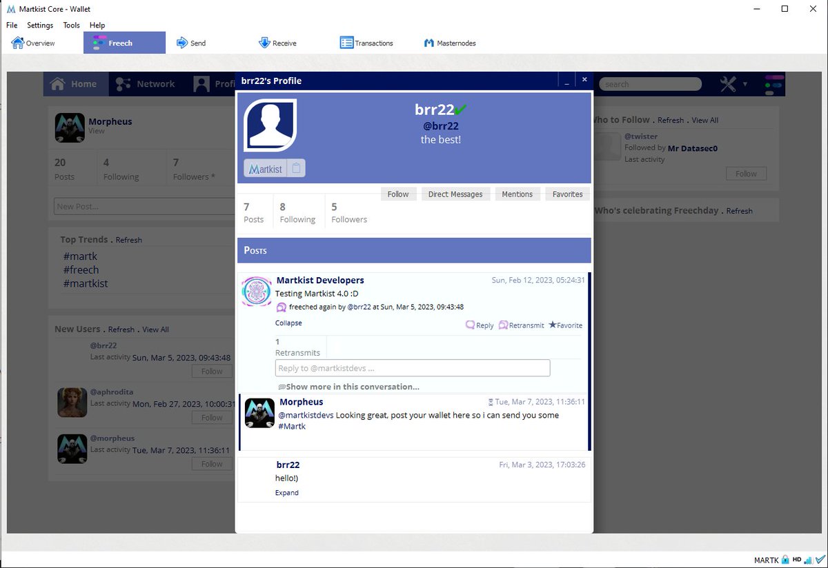 a 50 $martk reward for the first 100 people that create their profile with their wallet over on #freech using the #Martkist 4.0 wallet #decentralized #P2P  microblogging #dApps #BTC  #BNB  $ETH $MATIC $DOT $SOL $ADA $LTC $CAKE