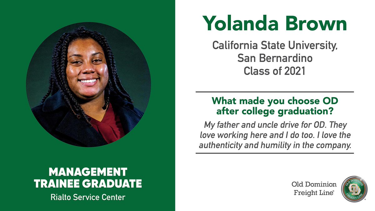 ODFLPeople's tweet photo. .@CSUSBNews students, make sure you stop by the @ODFL_Inc booth at your Spring Career Fair! We are delighted to say we have several #CoyotePride grads who are doing big things at #ODFL. Meet Yolanda Brown, a recent grad, who is a Management Trainee for OD. https://t.co/6lxkMcBVXo