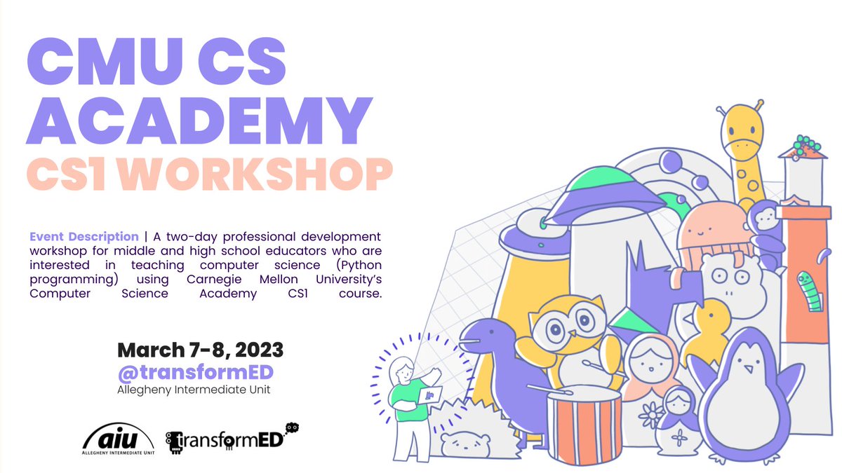 Happening now: Teachers from 5 PA counties are participating in a 2-day workshop on <a href="/CMU_CS_Academy/">CMU CS Academy</a>'s secondary #CS python curriculum!

This incredible partnership between <a href="/CSDatCMU/">CMU Computer Science Department</a> &amp; @AlleghenyIU3 was made possible through a #PASmart Grant. 

<a href="/PADeptofEd/">PA Department of Education</a> <a href="/AIU_ExDir/">Dr. Robert Scherrer</a> <a href="/JillJacoby/">jill m jacoby, edd</a>