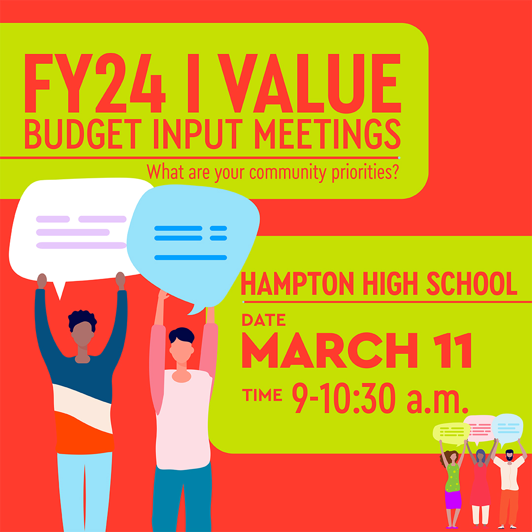cityofhampton's tweet photo. City Manager Mary Bunting will hold a public meeting Saturday morning at Hampton High School to seek residents' input into Hampton's budget for Fiscal Year 2024. The "I Value" session will start at 9 a.m. Saturday. The school is at 1491 W. Queen St. https://t.co/lsl0F1ugYK