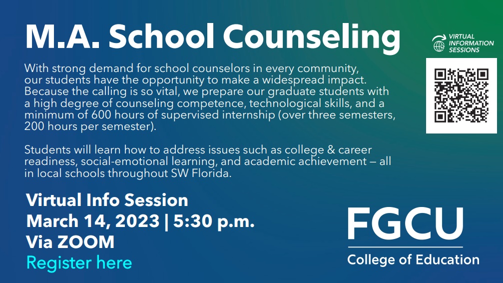 Come learn about the FGCU Graduate level Master's degree in school counseling. fgcucoe.az1.qualtrics.com/jfe/form/SV_8H…