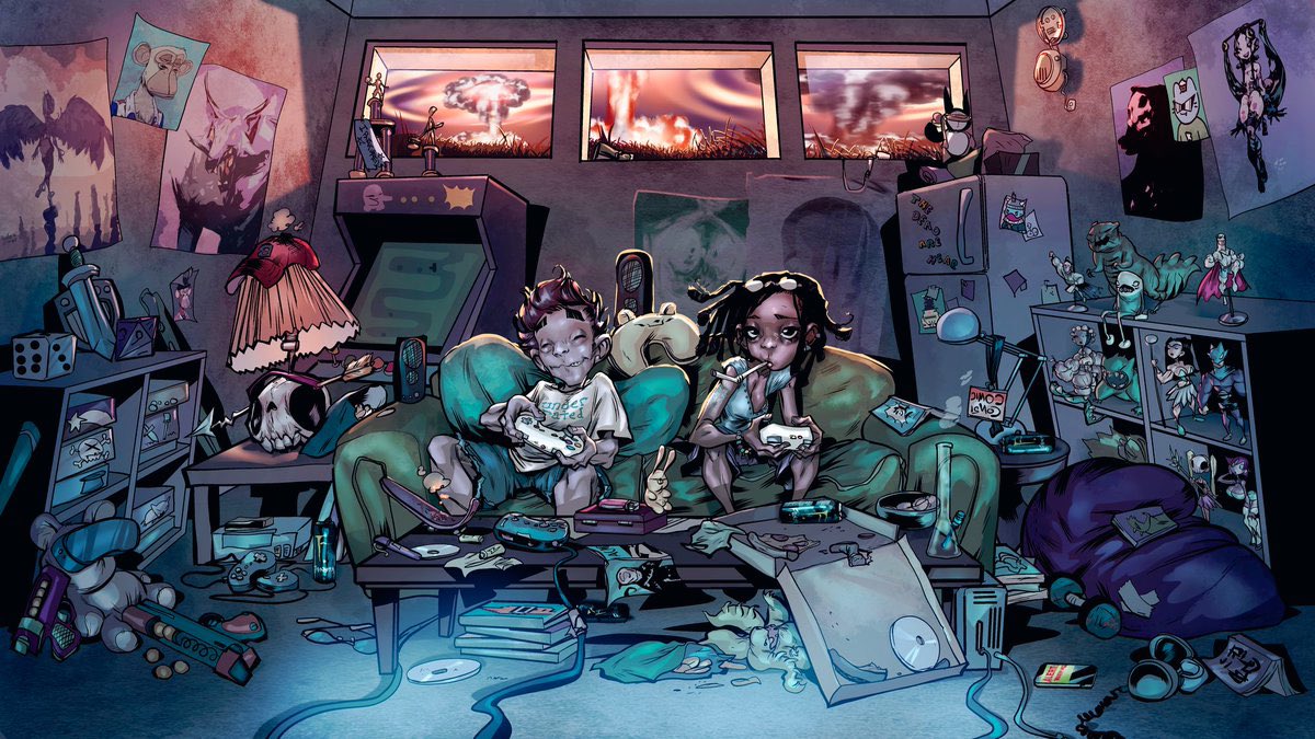 mwahaha! tomorrow's the day these dudes meet some mean ol' bastards in the wasteland🤘😈🤘💥 the <a href="/nuclearnerds/">Nuclear Nerds</a>  world is about to get fuckin' nuts  ☢️ #NuclearNerdsofTheAccidentalApocalypse 💀 #nft #nftart #nfts  #nftartist  #nftcollector  
#nftcommunity #eth #Etherum